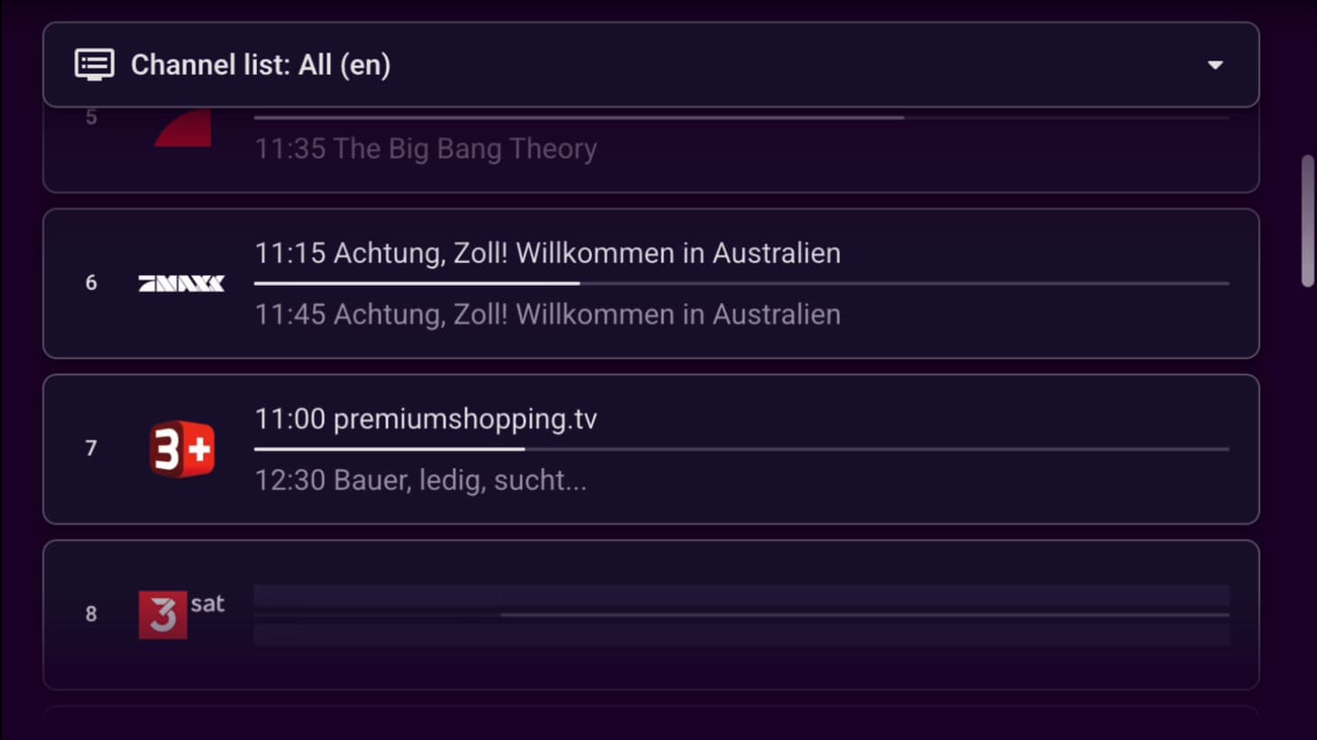 Channel list with scroll fade